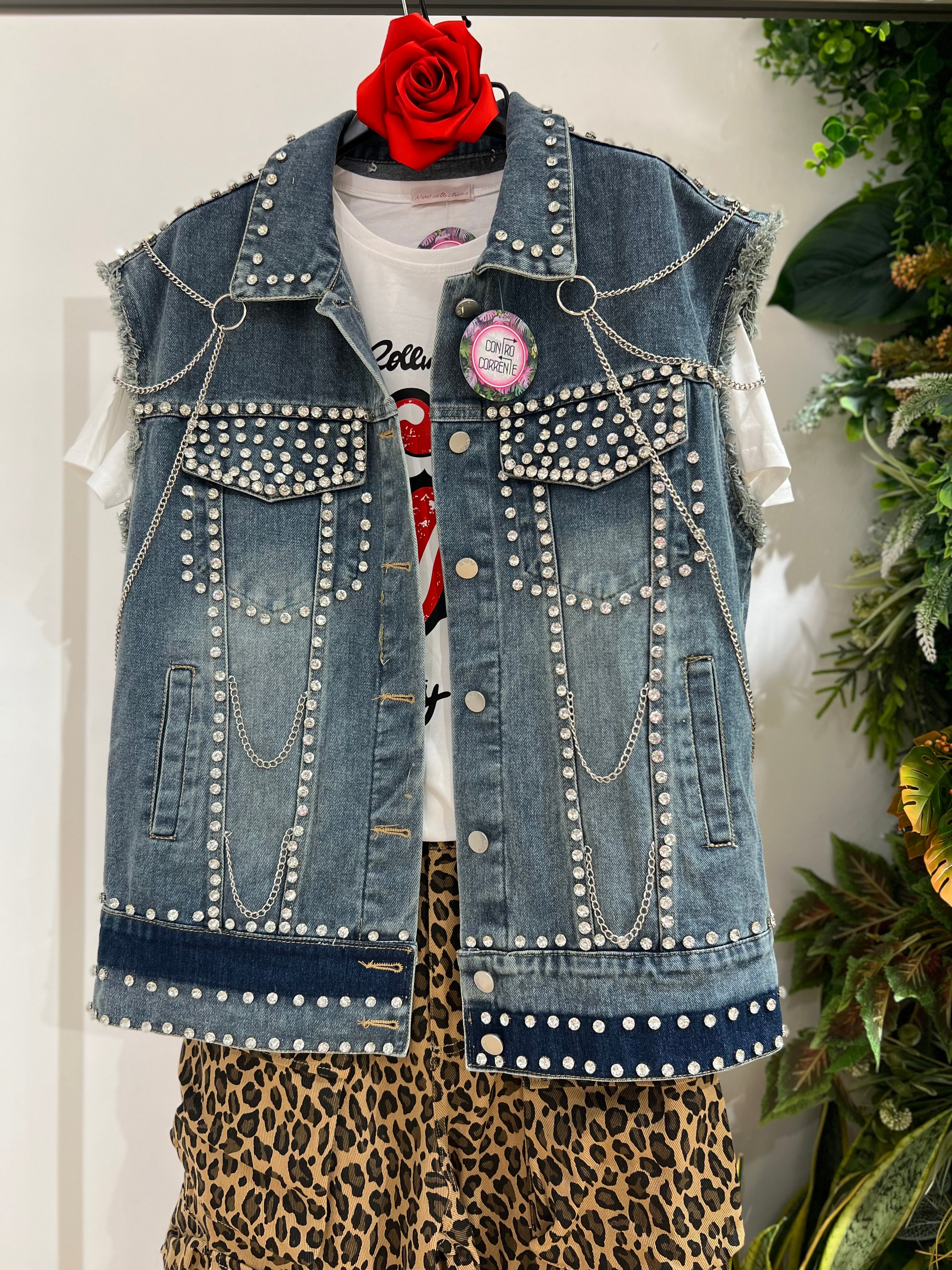 Gilet denim con strass